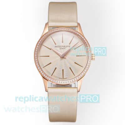 Swiss Replica Patek Philippe Calatrava Cal. 240 Rose Gold Diamond Ladies Watch 